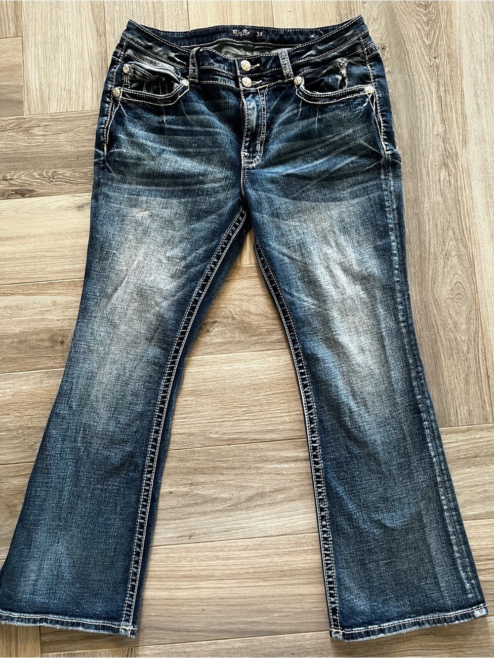 Miss Me Dark Blue Bootcut Jeans with Fading